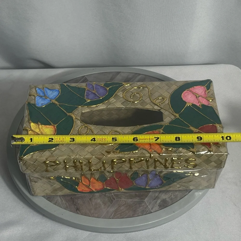 Philippines Woven Tissue Box Cover Hand-Painted Flowers Gold Accents 9.5”